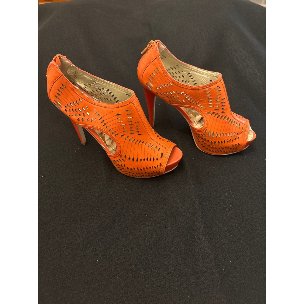 Carlos Santana Booties Women 7.5M Orange Good Laser Cut Peep Toe Platform Heel
